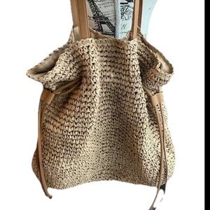 Elena Handbags Retro Straw Woven Tote Bag Faux Leather Straps Drawstring Closure